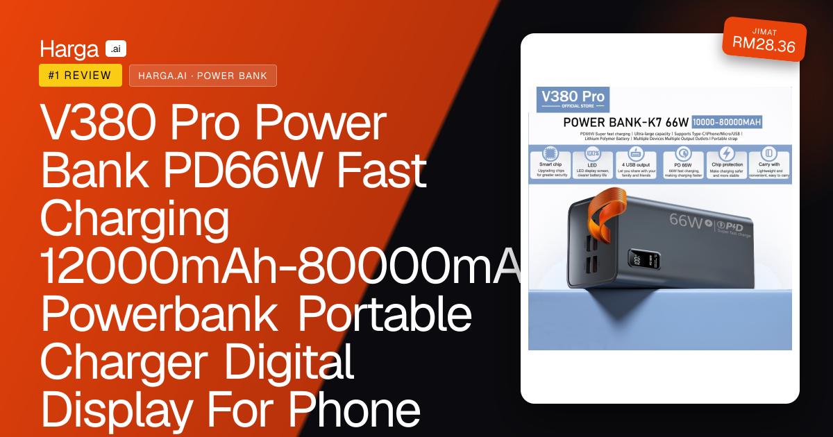 V380 Pro Power Bank PD66W Fast Charging 12000mAh-80000mAh Powerbank Portable Charger Digital Display For Phone review