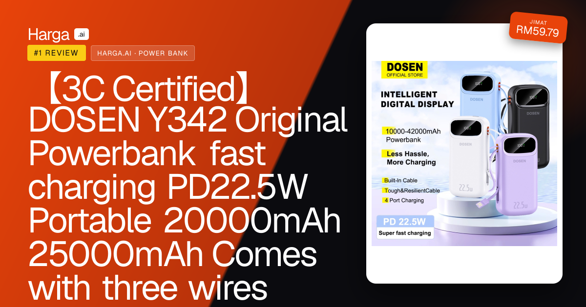 【3C Certified】DOSEN Y342 Original Powerbank fast charging PD22.5W Portable 20000mAh 25000mAh Comes with three wires review