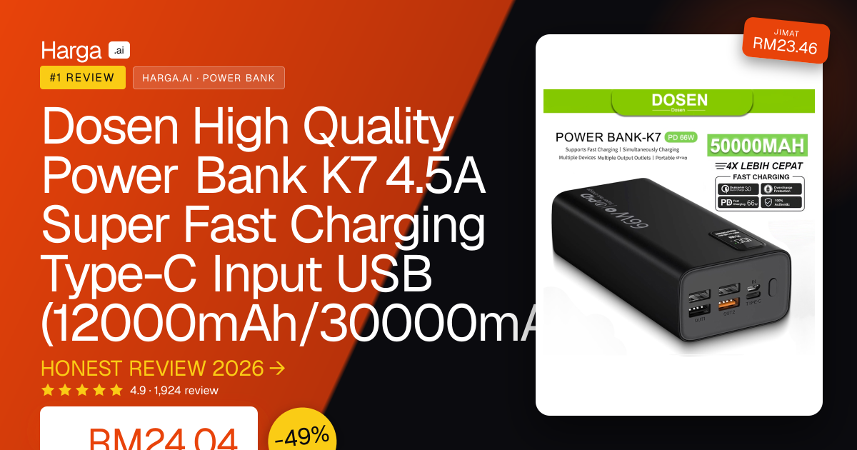 Dosen High Quality Power Bank K7 4.5A Super Fast Charging Type-C Input USB (12000mAh/30000mAh/66W) review
