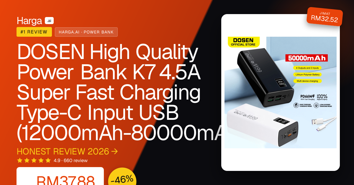 DOSEN High Quality Power Bank K7 4.5A Super Fast Charging Type-C Input USB (12000mAh-80000mAh/66W) review