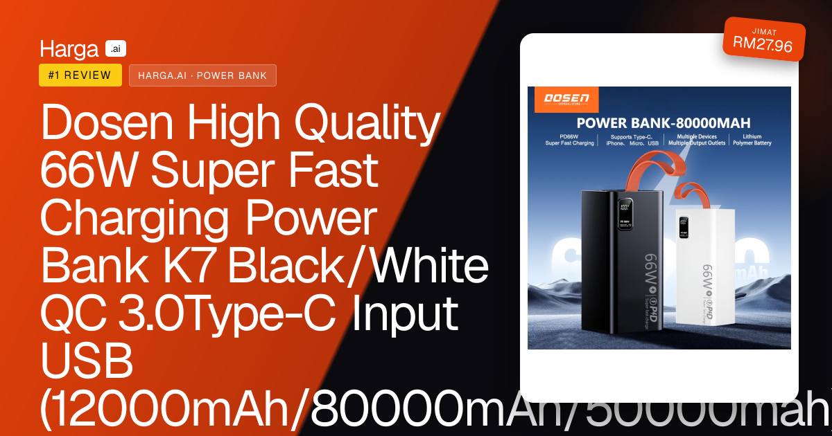 Dosen High Quality 66W Super Fast Charging Power Bank K7 Black/White QC 3.0Type-C Input USB (12000mAh/80000mAh/50000mah) review