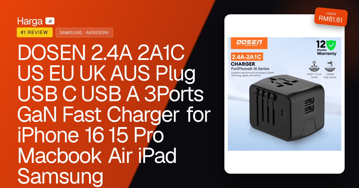 DOSEN 2.4A 2A1C US EU UK AUS Plug USB C USB A 3Ports GaN Fast Charger for iPhone 16 15 Pro Macbook Air iPad Samsung review