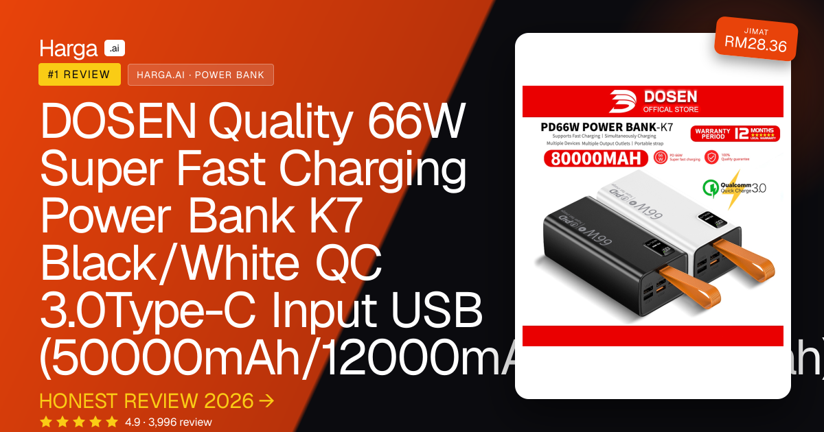 DOSEN Quality 66W Super Fast Charging Power Bank K7 Black/White QC 3.0Type-C Input USB (50000mAh/12000mAh/30000mah) review