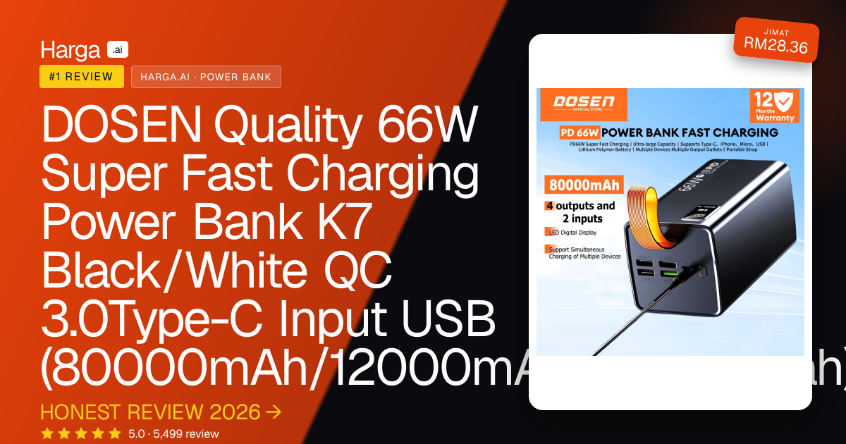 DOSEN Quality 66W Super Fast Charging Power Bank K7 Black/White QC 3.0Type-C Input USB (80000mAh/12000mAh/30000mah) review