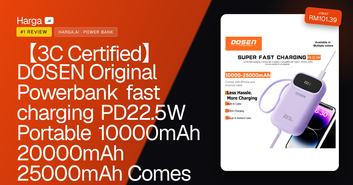 【3C Certified】DOSEN Original Powerbank fast charging PD22.5W Portable 10000mAh 20000mAh 25000mAh Comes with three wires review