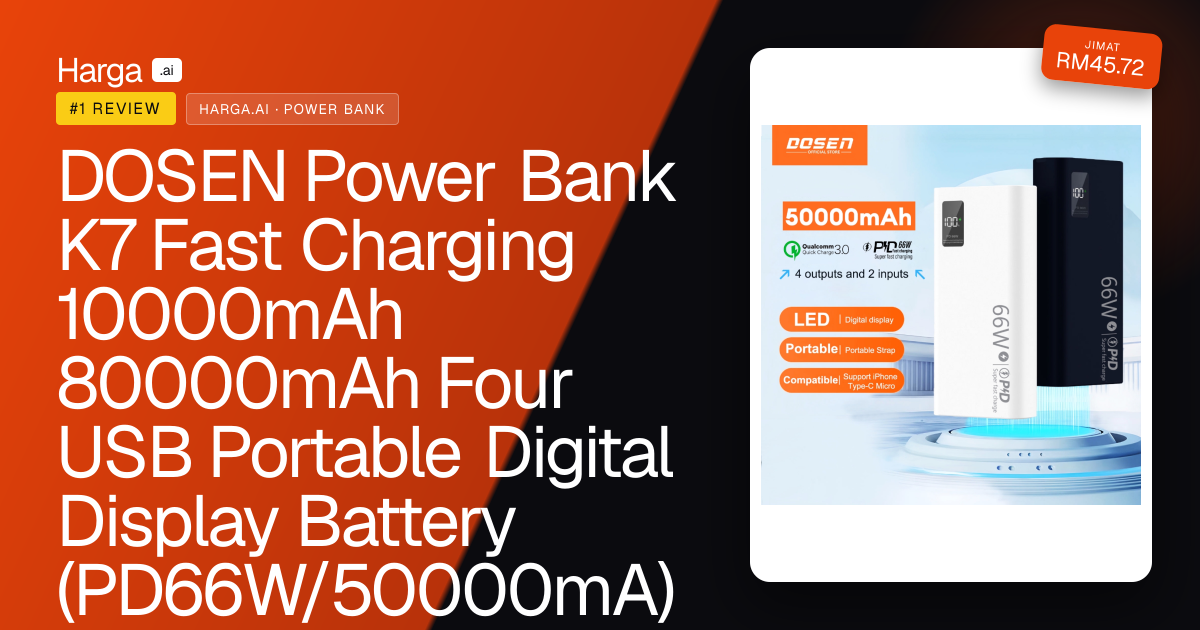 DOSEN Power Bank K7 Fast Charging 10000mAh 80000mAh Four USB Portable Digital Display Battery (PD66W/50000mA) review