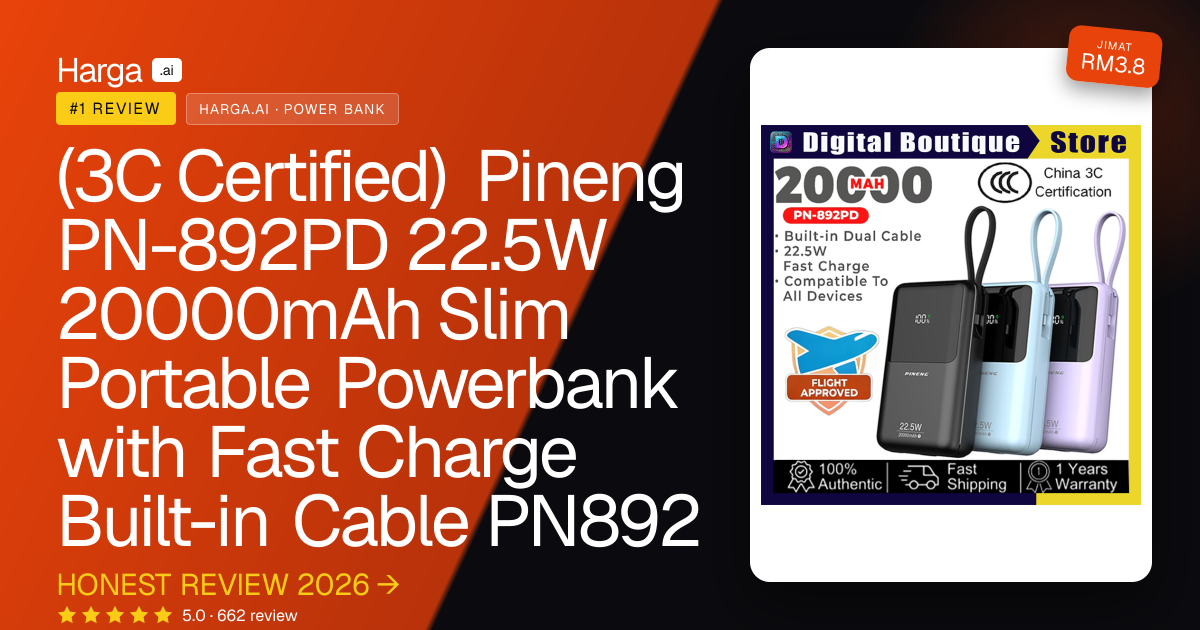 (3C Certified) Pineng PN-892PD 22.5W 20000mAh Slim Portable Powerbank with Fast Charge Built-in Cable PN892 review