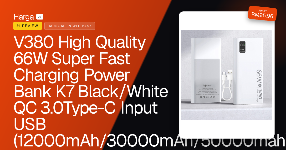 V380 High Quality 66W Super Fast Charging Power Bank K7 Black/White QC 3.0Type-C Input USB (12000mAh/30000mAh/50000mah) review