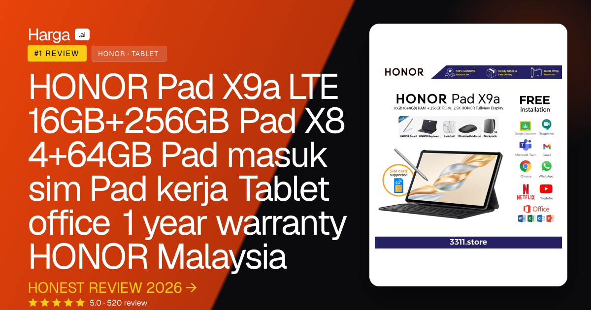 HONOR Pad X9a LTE 16GB+256GB Pad X8 4+64GB Pad masuk sim Pad kerja Tablet office 1 year warranty HONOR Malaysia review
