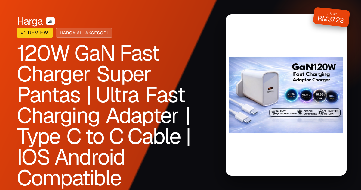 120W GaN Fast Charger Super Pantas | Ultra Fast Charging Adapter | Type C to C Cable | IOS Android Compatible review