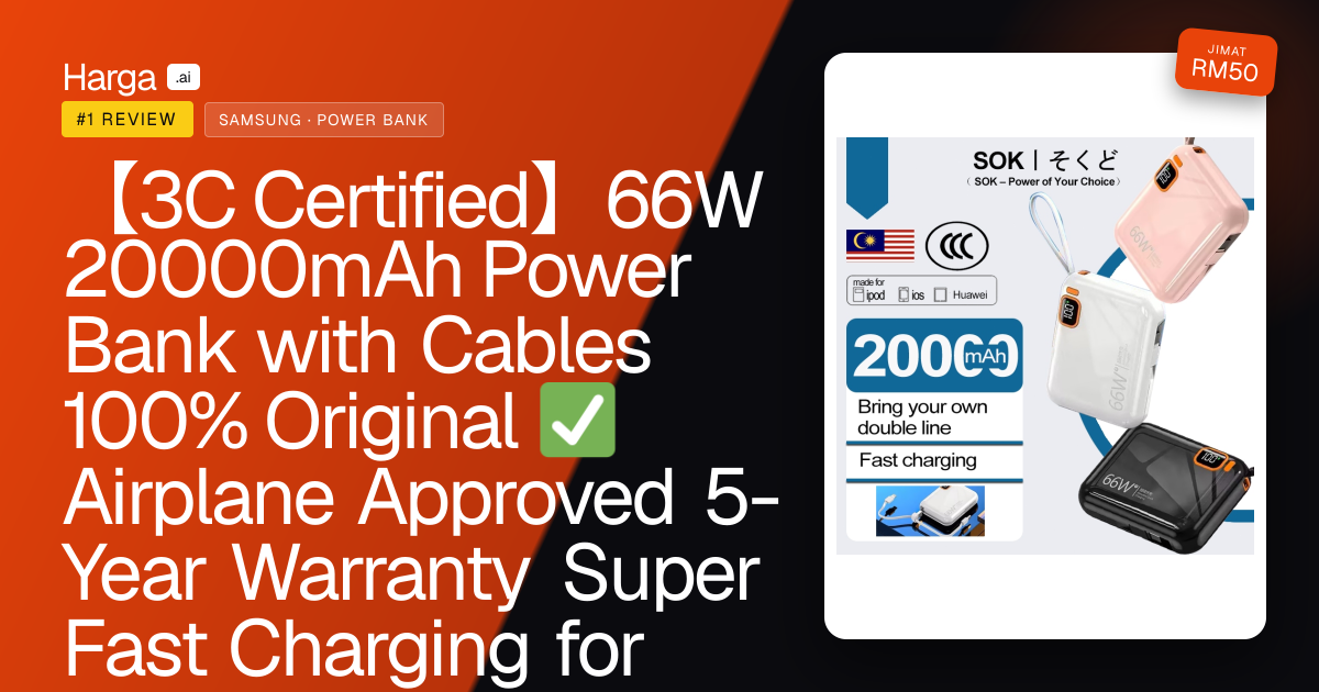 【3C Certified】66W 20000mAh Power Bank with Cables 100% Original ✅ Airplane Approved 5-Year Warranty Super Fast Charging for Apple, Samsung, Huawei, Xiaomi, etc. review