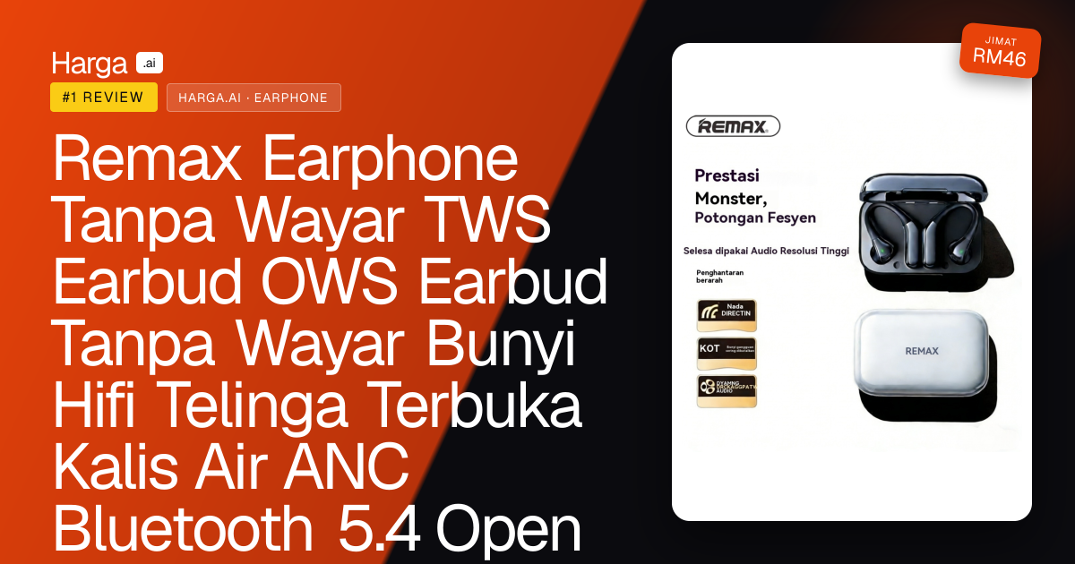 Remax Earphone Tanpa Wayar TWS Earbud OWS Earbud Tanpa Wayar Bunyi Hifi Telinga Terbuka Kalis Air ANC Bluetooth 5.4 Open review