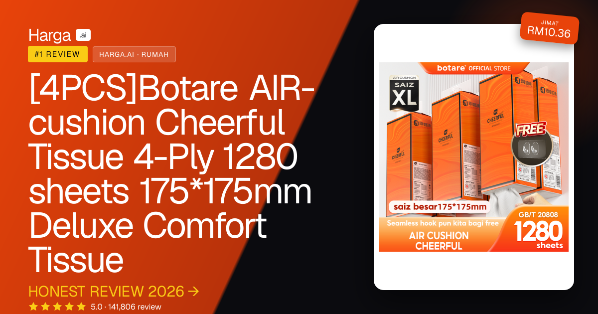 [4PCS]Botare AIR-cushion Cheerful Tissue 4-Ply 1280 sheets 175*175mm Deluxe Comfort Tissue review