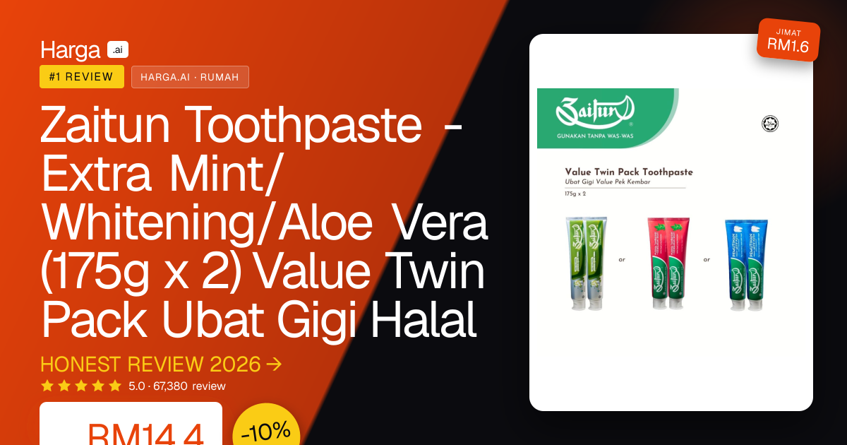 Zaitun Toothpaste - Extra Mint/Whitening/Aloe Vera (175g x 2) Value Twin Pack Ubat Gigi Halal review