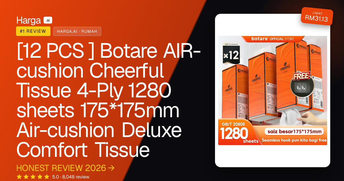 [12 PCS ] Botare AIR-cushion Cheerful Tissue 4-Ply 1280 sheets 175*175mm Air-cushion Deluxe Comfort Tissue review