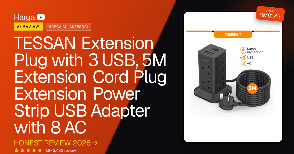 TESSAN Extension Plug with 3 USB, 5M Extension Cord Plug Extension Power Strip USB Adapter with 8 AC review
