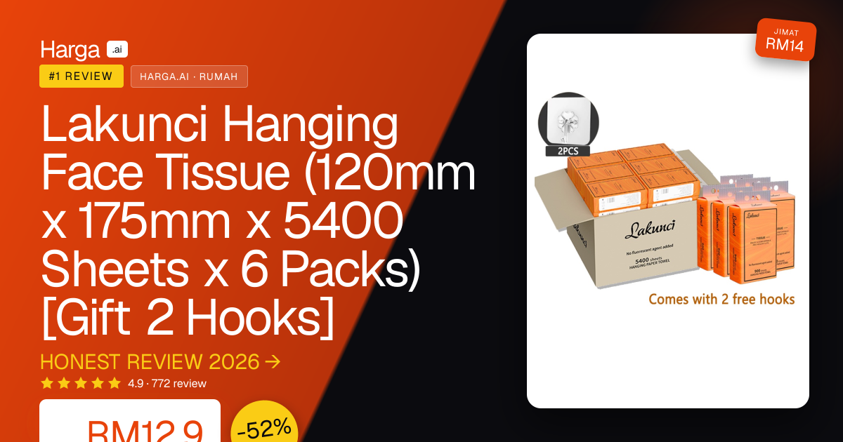 Lakunci Hanging Face Tissue (120mm x 175mm x 5400 Sheets x 6 Packs) [Gift 2 Hooks] review