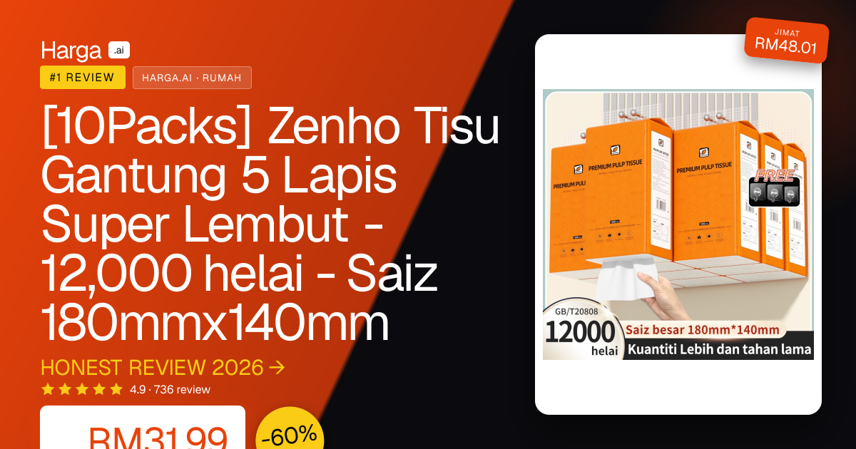 [10Packs] Zenho Tisu Gantung 5 Lapis Super Lembut - 12,000 helai - Saiz 180mmx140mm review