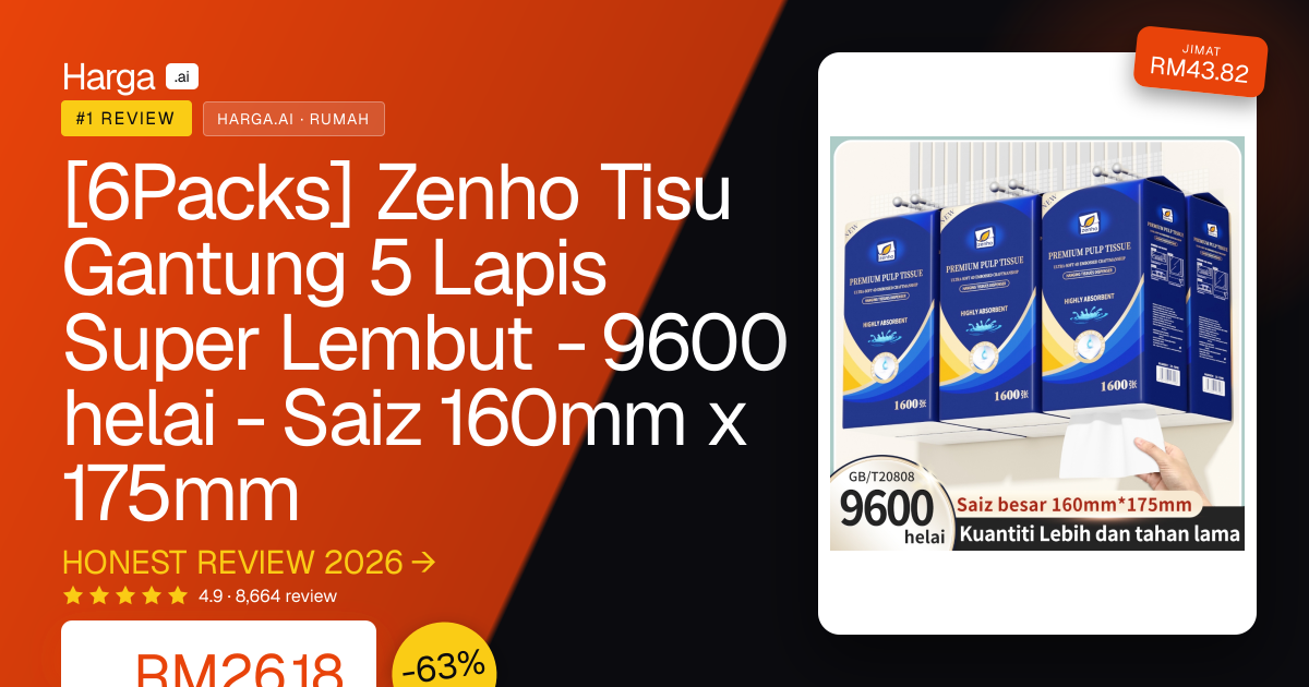[6Packs] Zenho Tisu Gantung 5 Lapis Super Lembut - 9600 helai - Saiz 160mm x 175mm review