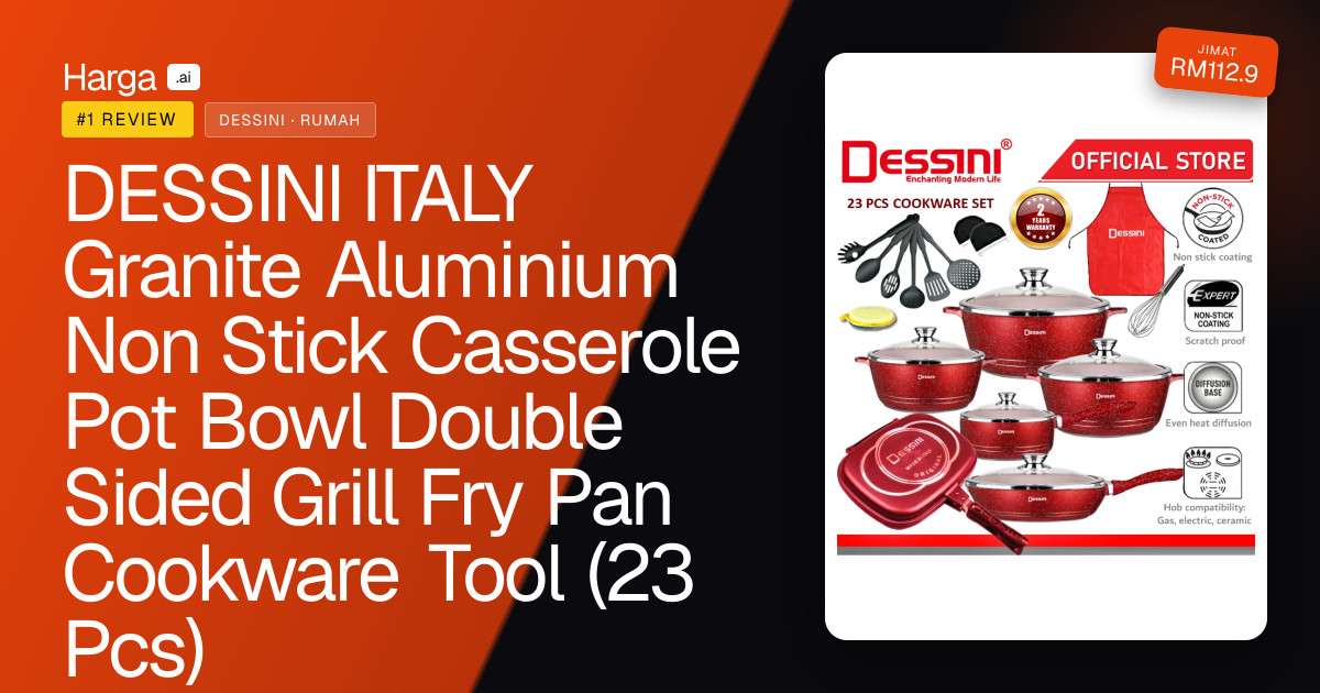 DESSINI ITALY Granite Aluminium Non Stick Casserole Pot Bowl Double Sided Grill Fry Pan Cookware Tool (23 Pcs) review