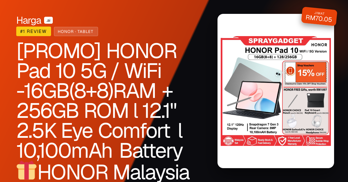 [PROMO] HONOR Pad 10 5G / WiFi  -16GB(8+8)RAM + 256GB ROM l 12.1" 2.5K Eye Comfort l 10,100mAh Battery 🎁HONOR Malaysia review