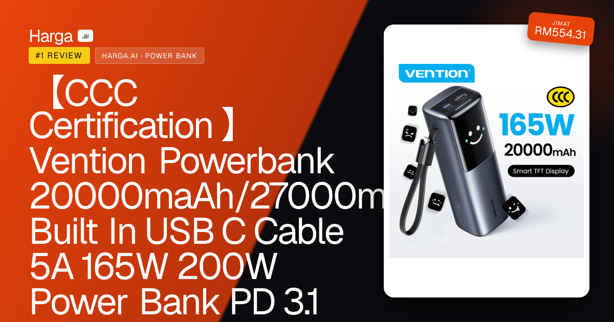 【CCC Certification 】Vention Powerbank 20000maAh/27000mAh Built In USB C Cable 5A 165W 200W Power Bank PD 3.1 Fast Charging Portable Charger Smart Display For MacBook Dell Laptop review