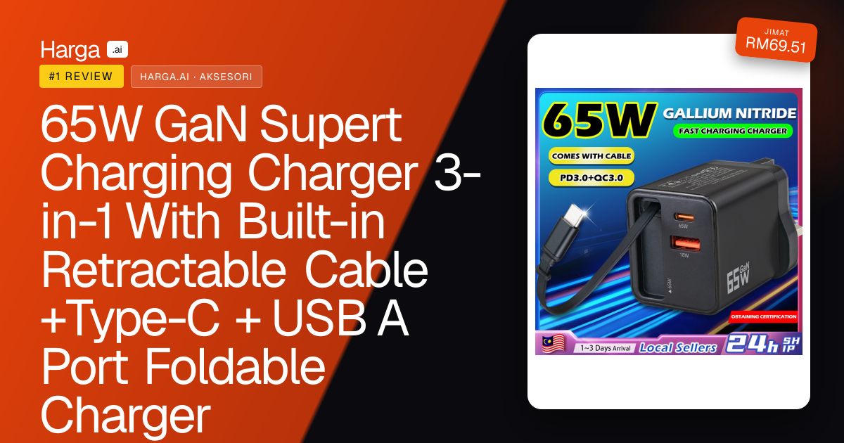 65W GaN Supert Charging Charger 3-in-1 With Built-in Retractable Cable +Type-C + USB A Port Foldable Charger review
