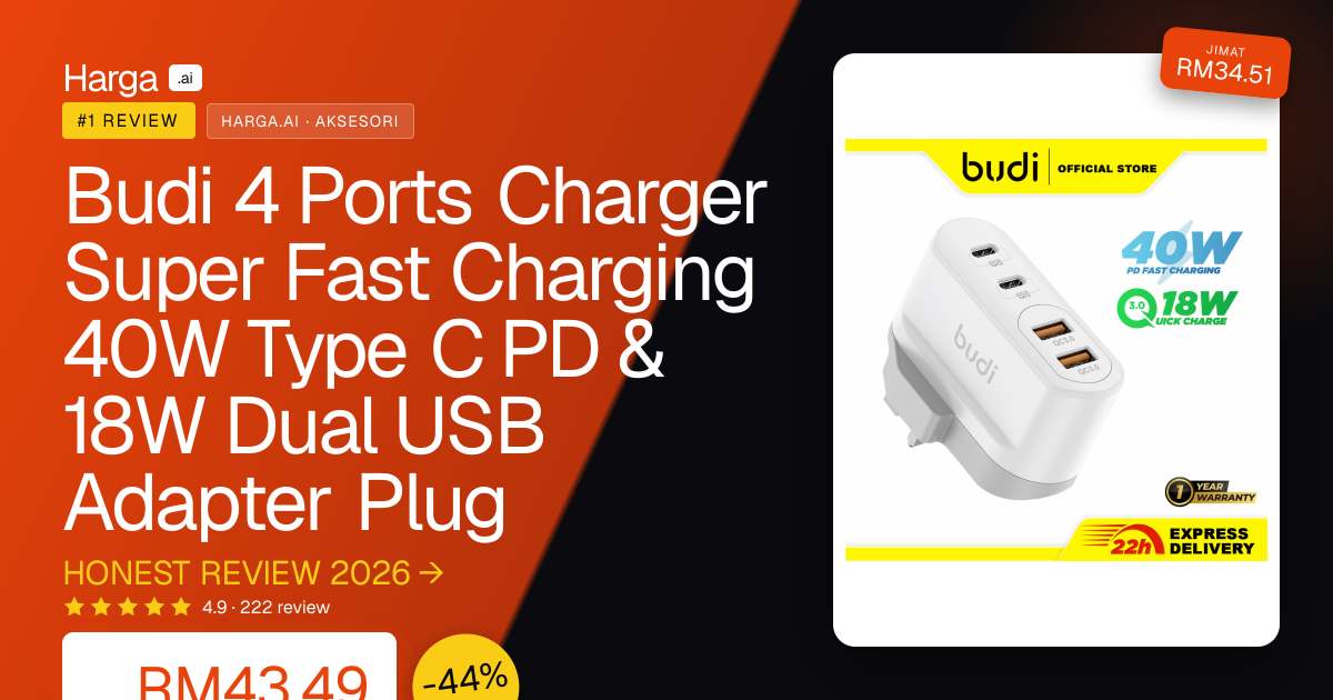 Budi 4 Ports Charger Super Fast Charging 40W Type C PD & 18W Dual USB Adapter Plug review