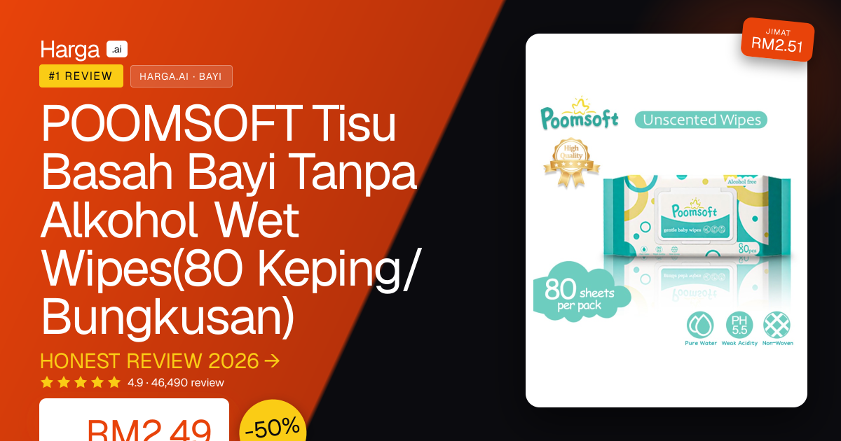 POOMSOFT Tisu Basah Bayi Tanpa Alkohol Wet Wipes(80 Keping/Bungkusan) review